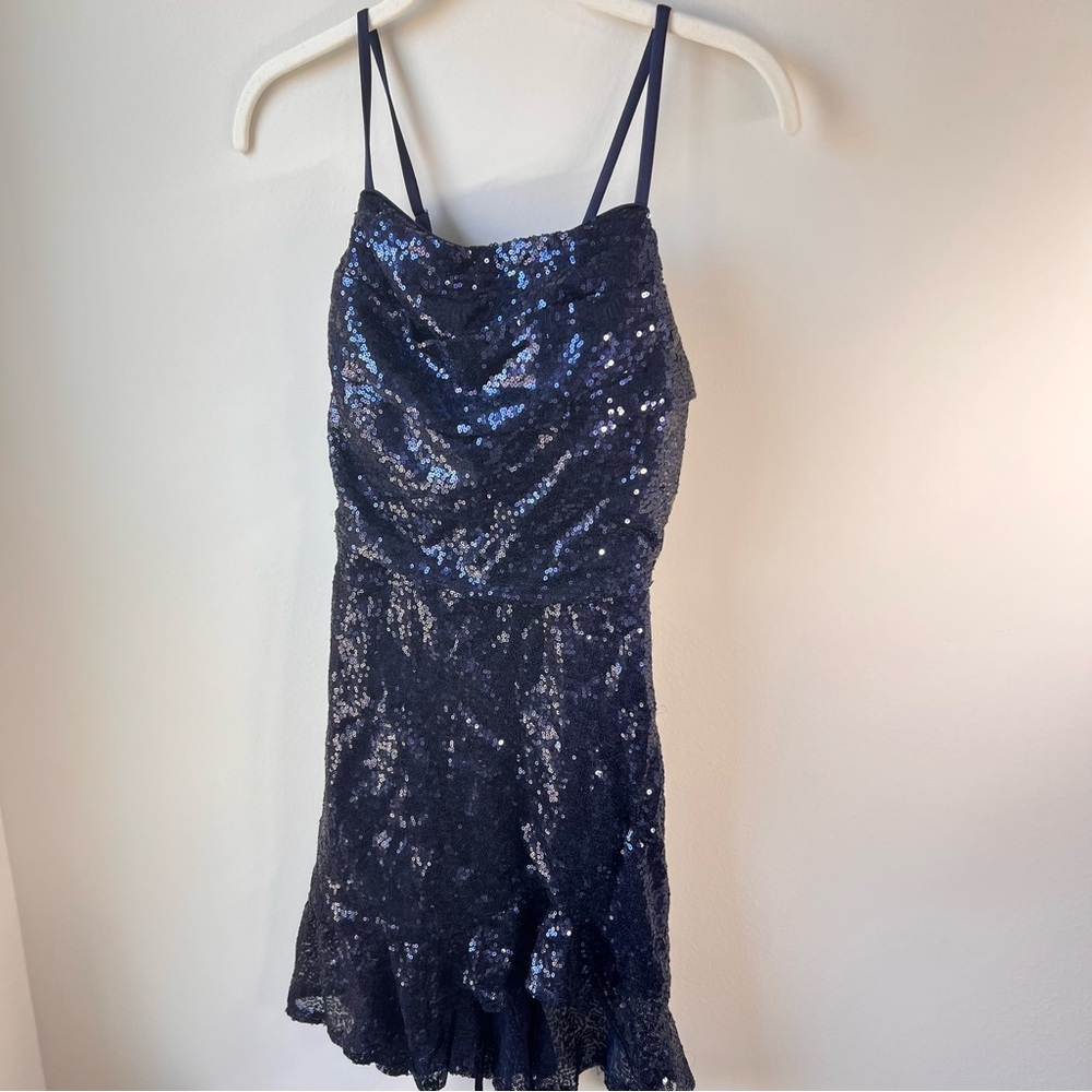 NWT MU XIANG CHEN Navy Blue Sequin Mini Dress Lace-Up Back Ruffle Hem Size 0
